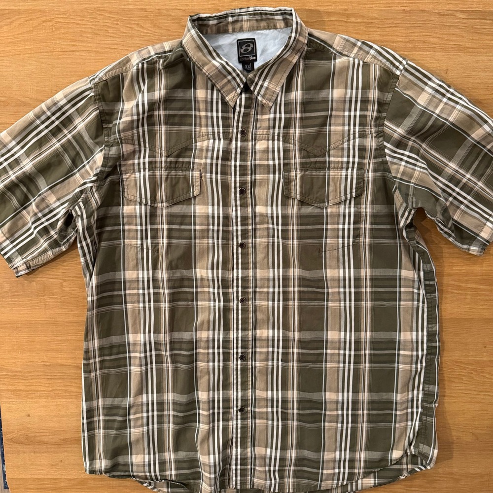 Anchor Blue Men's Plaid Button Up Short‎ Sleeve Shirt XXL Green Brown White